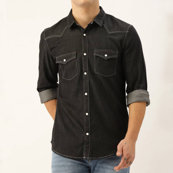 Charcoal Grey Slim Fit Solid Casual Denim Shirt