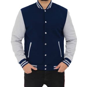 Navy Blue and Gray Varsity Jacket Mens